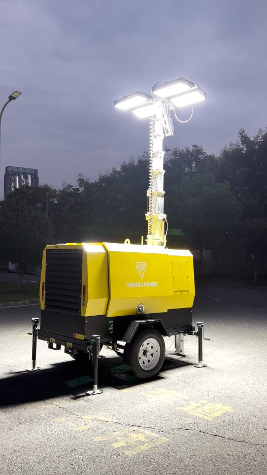 Trailer‑mounted mobile lighting tower